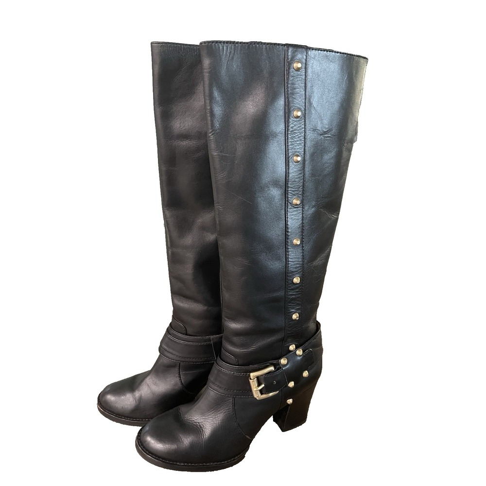 Michael Kors Black Leather Heeled Astor  Boots Gold Studs & Buckles‎ S 8M